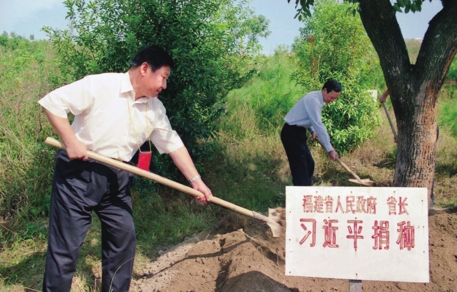 2001年10月，習(xí)近平在龍巖市長汀縣調(diào)研水土流失治理工作，在河田世紀(jì)生態(tài)園為樹培土。圖源：《習(xí)近平在福建（下）》