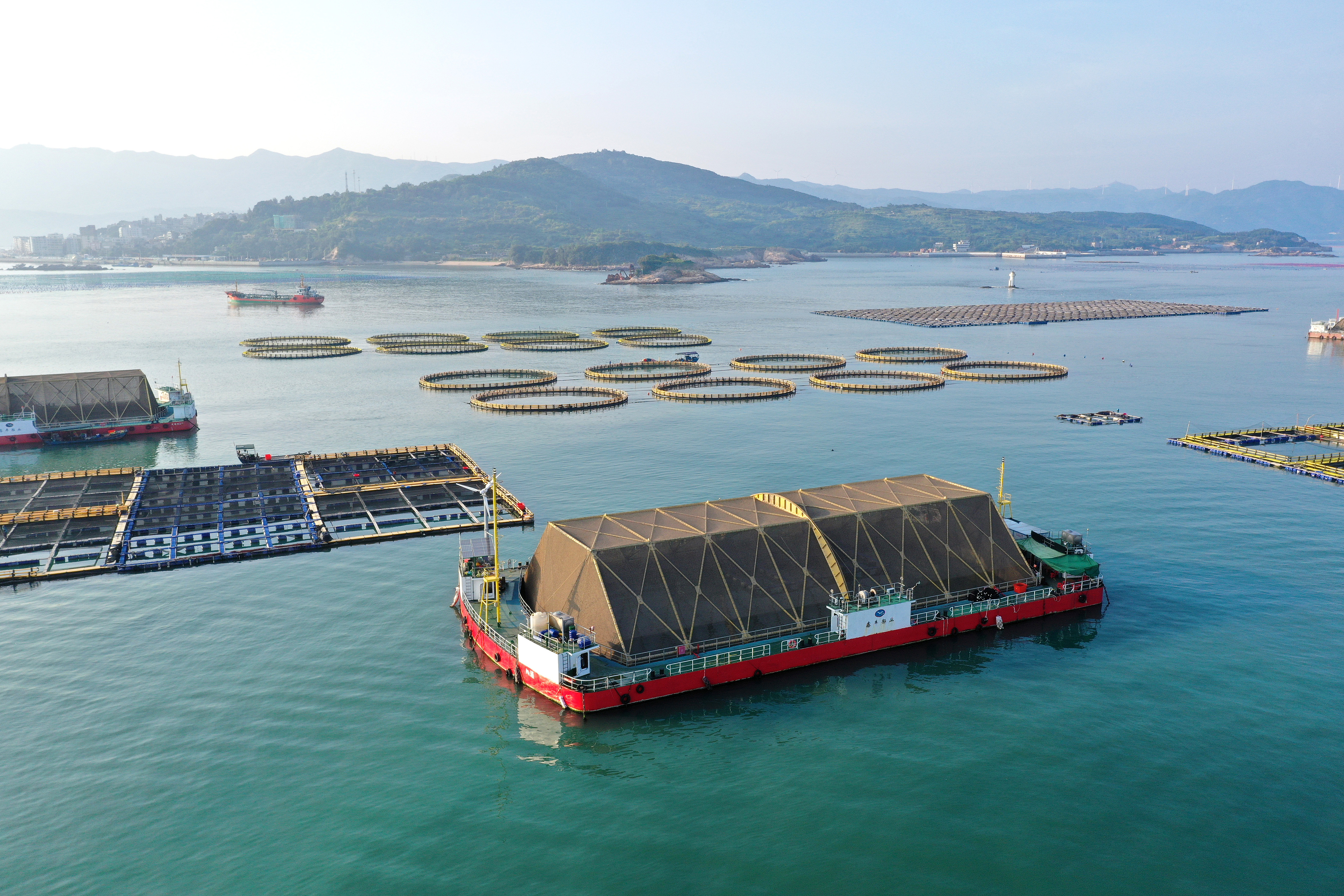 2024年9月10日拍攝的福建省福州市連江縣定海灣海域的現(xiàn)代化“海上糧倉(cāng)”。