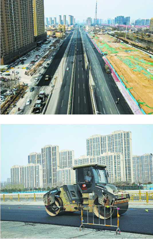長(zhǎng)江路快速通道瀝青攤鋪施工忙