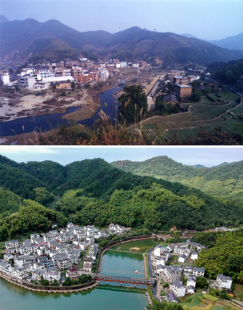 圖為浙江省杭州市淳安縣楓樹嶺鎮(zhèn)下姜村拼版圖，其中上圖為資料照片、下圖由新華社記者張鋮攝。